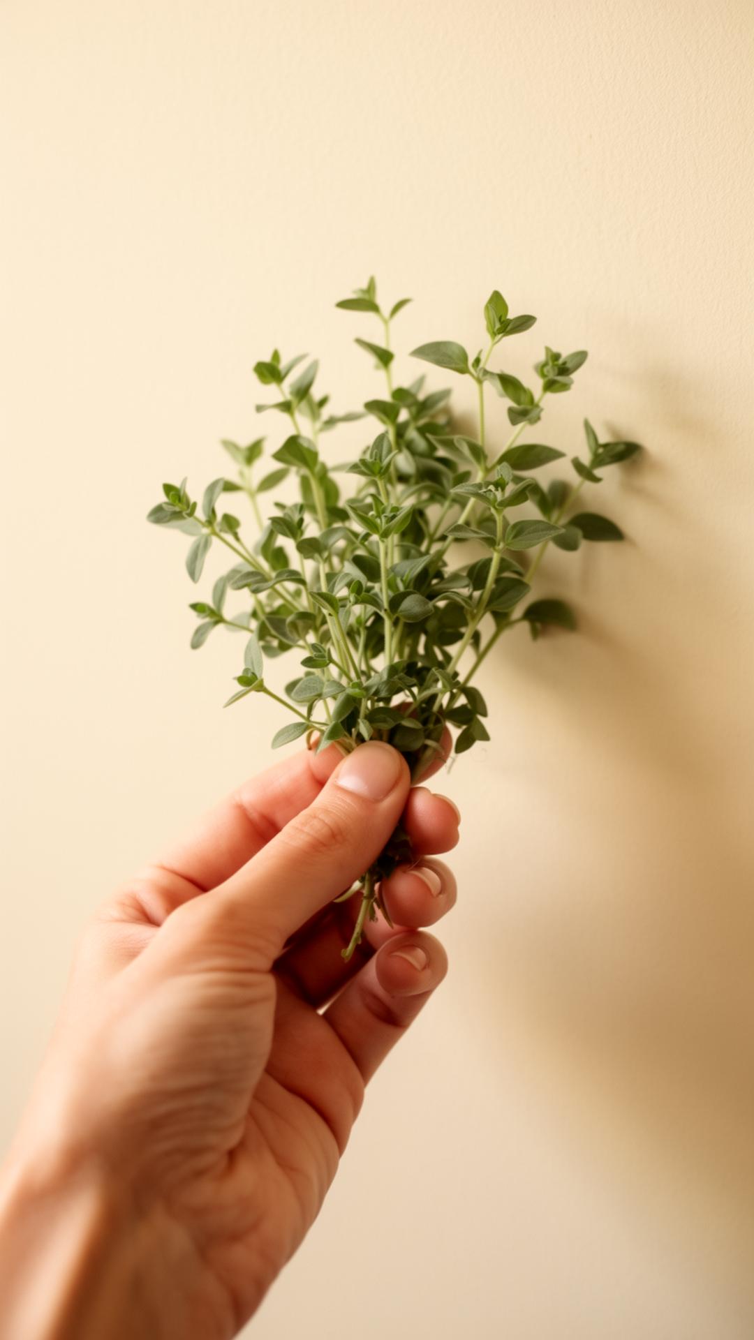 A hand gently holding a sprig of fresh herbs against a warm cream wall