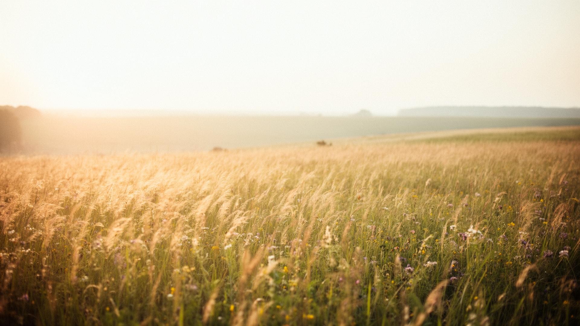 Sunlit Iowa prairie with golden grasses and wildflowers at dawn