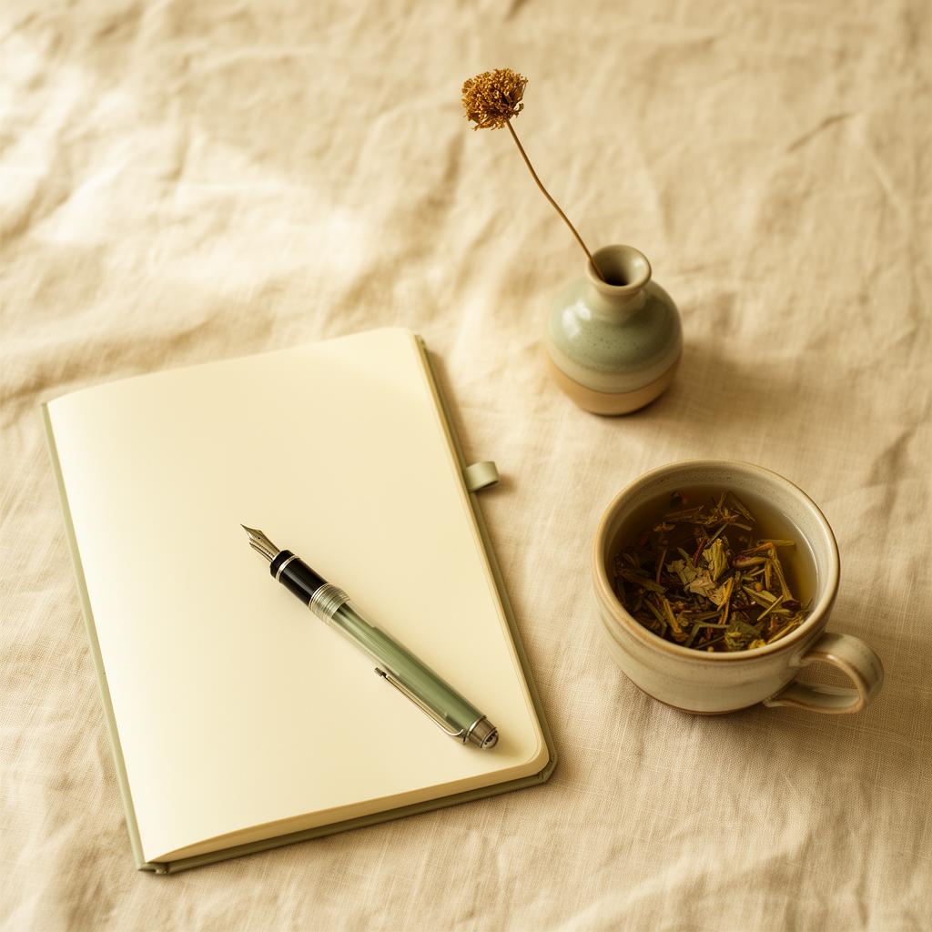 A calm workspace flat lay with a notebook, fountain pen, ceramic vase, and a cup of herbal tea